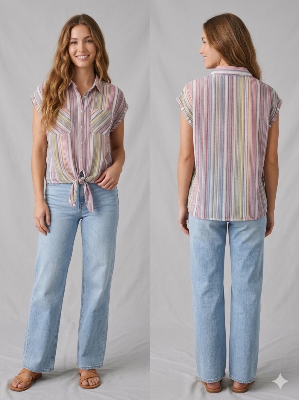 Tea Rose Womens XL Top Stripe Button Up Tie Front Shirt 100% Cotton Short Sleeve